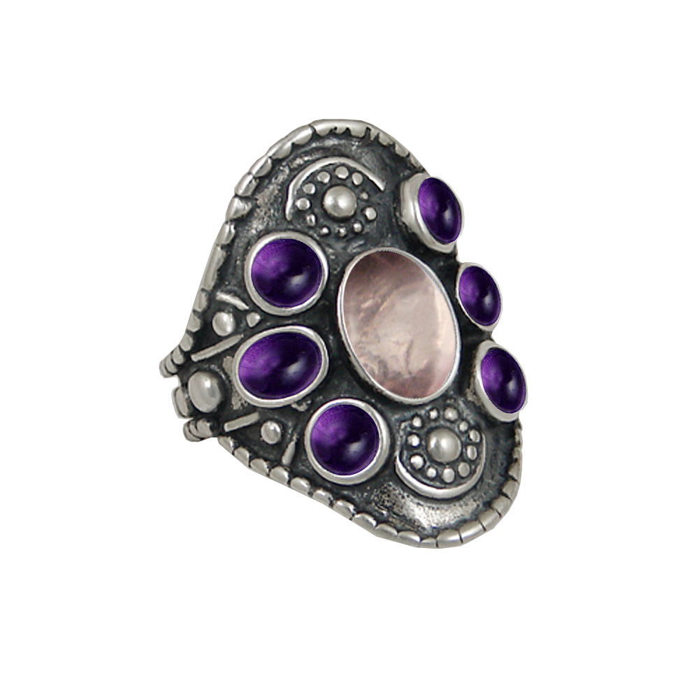 Sterling Silver High Queen's Ring With Rose Quartz And Amethyst Size 10